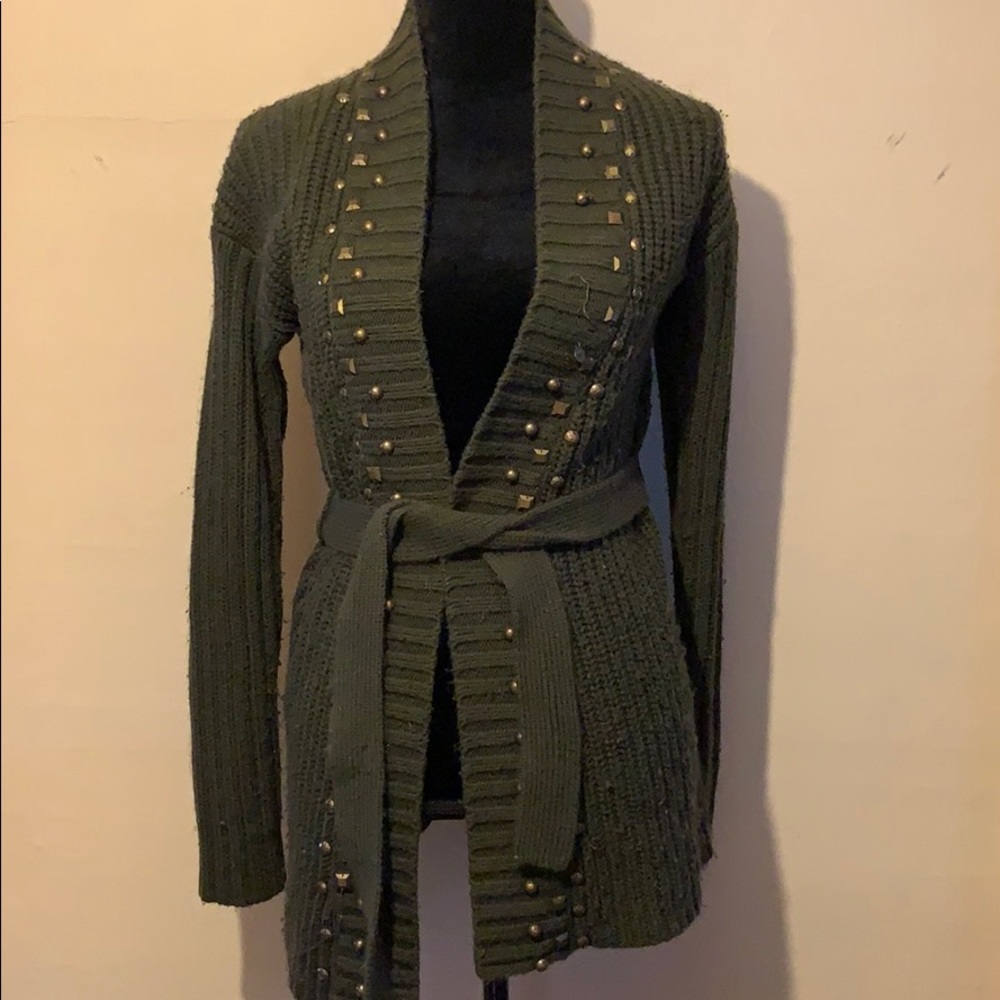 Green long belted wrap sweater by Dex, S